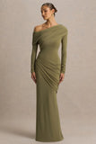 Perrie Olive Asymmetric Neck Maxi Dress With Ruched Detailing