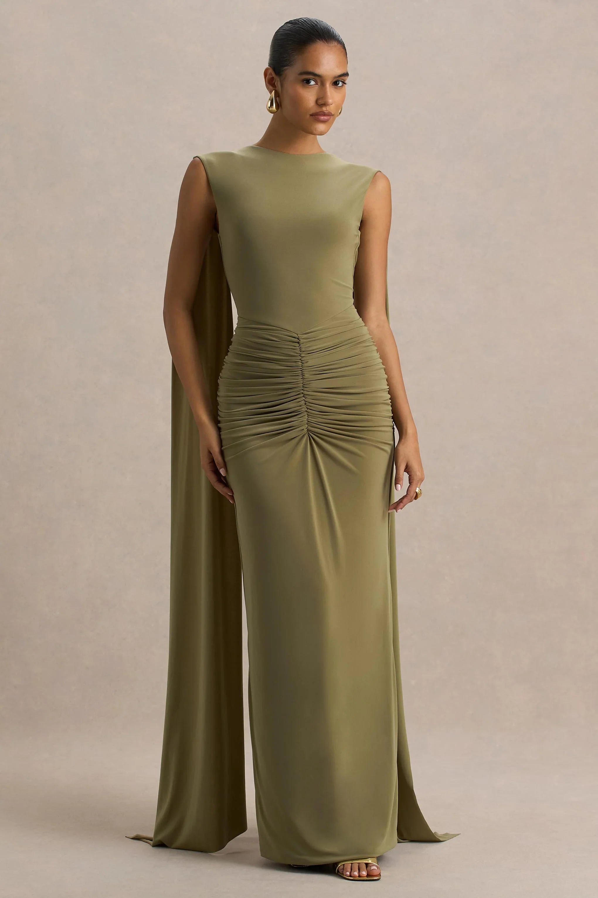 Premiere Olive Boat Neck Maxi Dress With Cape Sleeves And Open Back