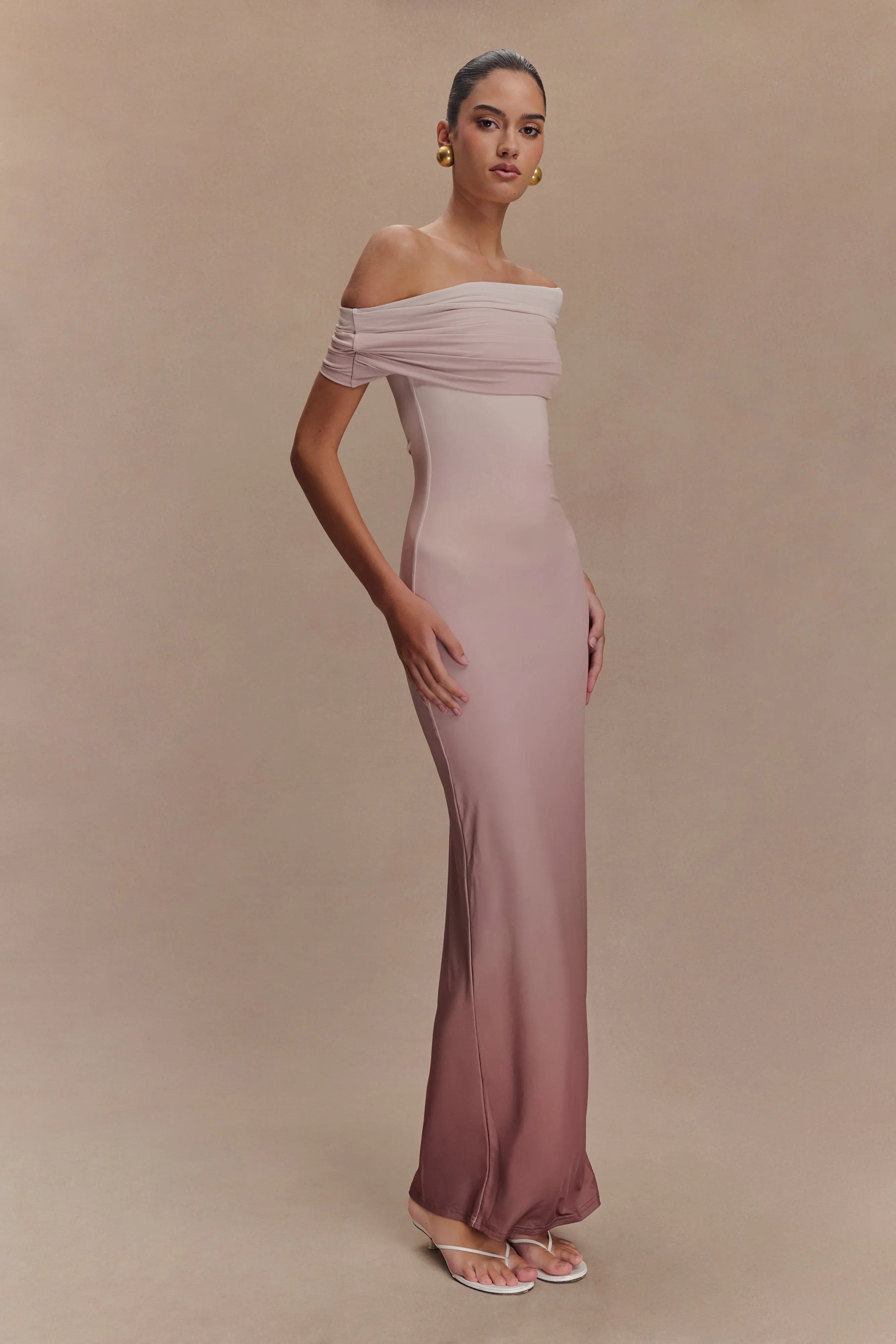Cassandra Off Shoulder Slinky Maxi Dress Neutral Ombre