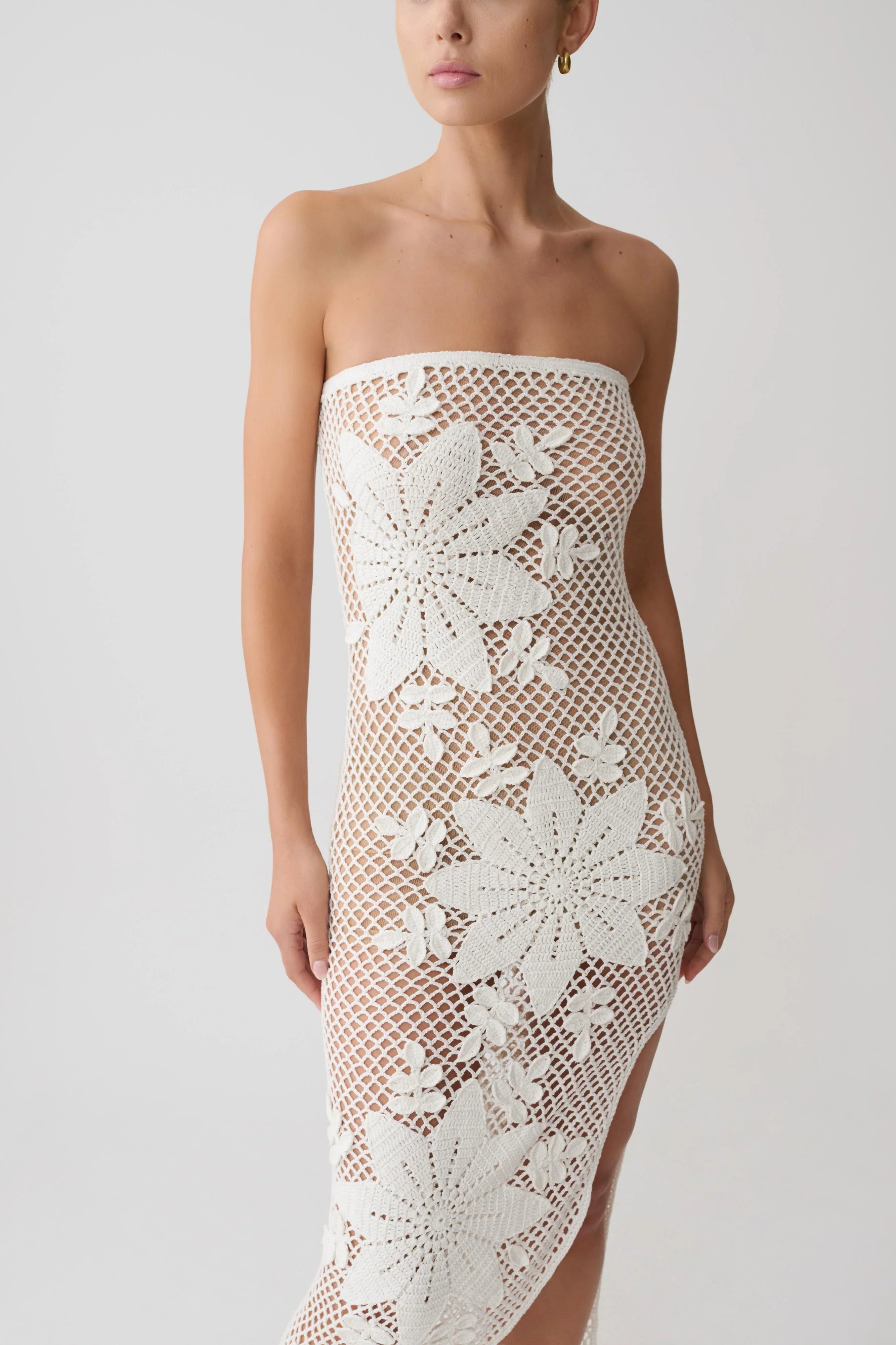 Mandie Hand Crochet Asymmetrical Maxi Dress White