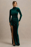 Wishes Bottle Green Velvet High Neck Maxi Dress With Wrap Skirt