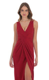 V Neck Slit Maxi Dress in Red