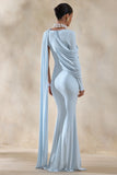 Rubelle Powder Blue Asymmetric Neck Maxi Dress With Draped Detailing