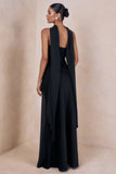 Charly Black Matte Satin Bandeau Maxi Dress With Scarf Detail