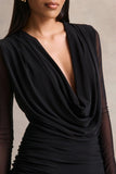 Griselda Black Plunge Neck Midi Dress With Sheer Long Sleeves