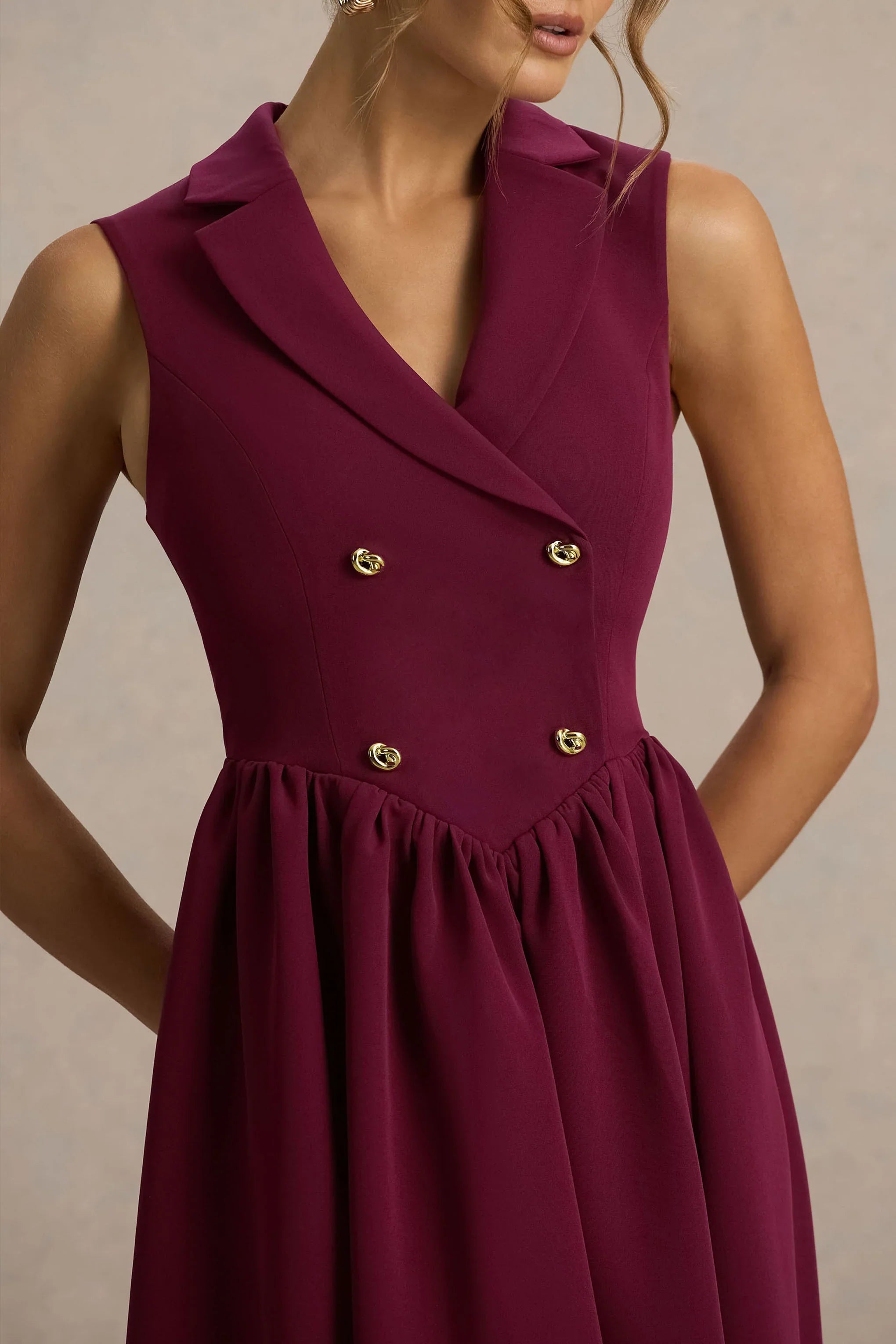Lisa Burgundy Plunge Neck Tailored Midi Dress With Button Detailing