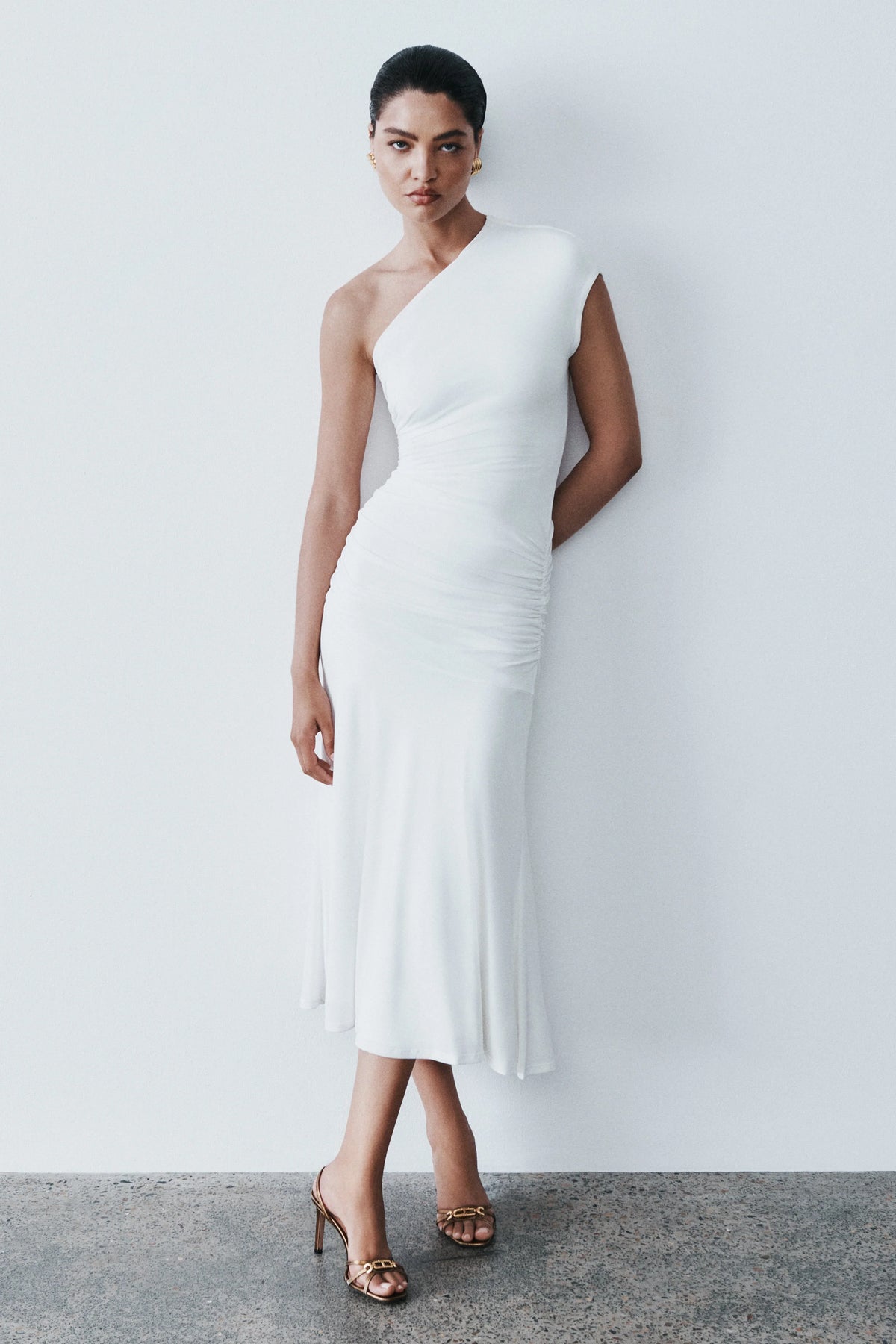 Chloe Peached Jersey One Shoulder Midi Dress Ivory