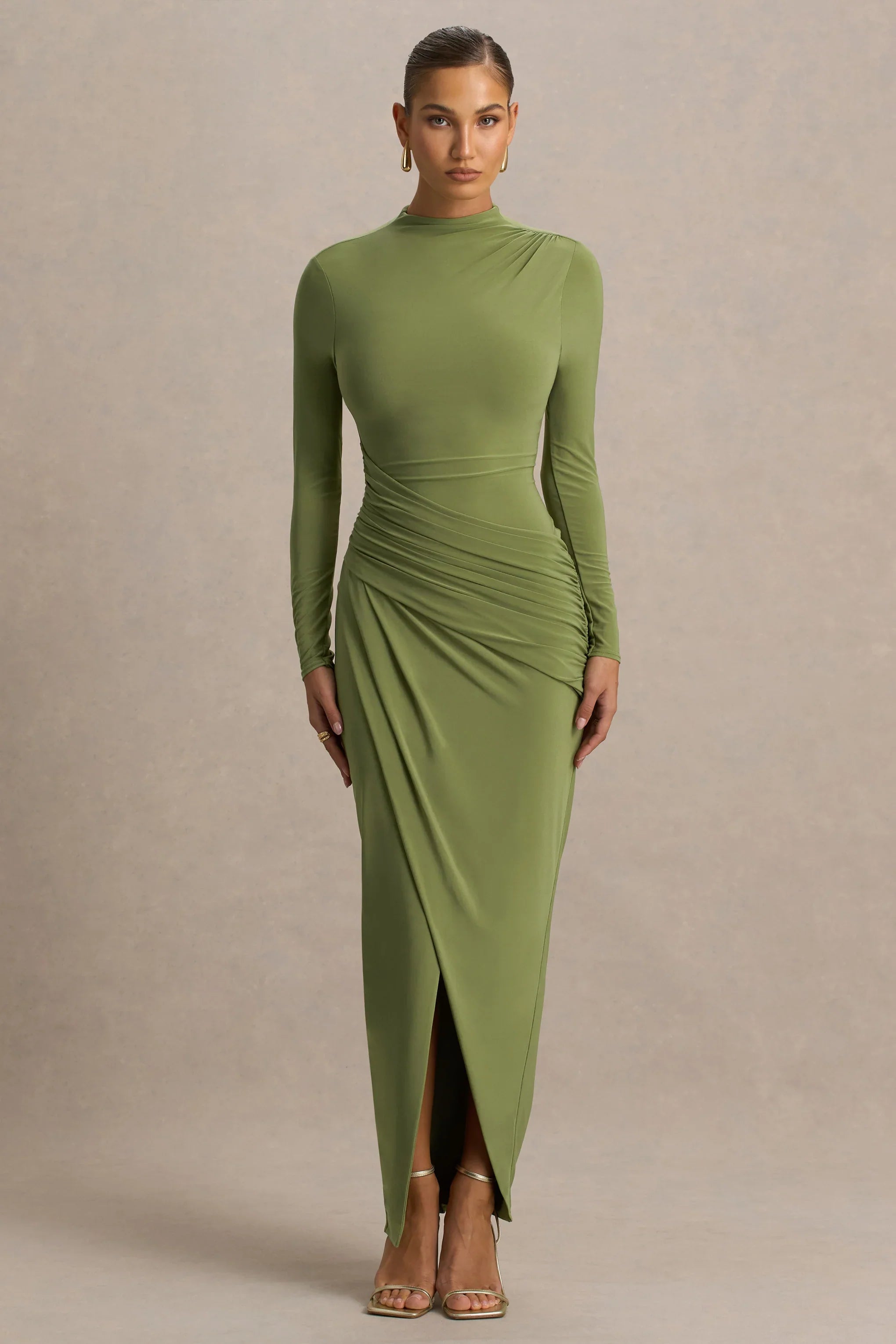 Zephyra Olive High Neck Wrapped Maxi Dress