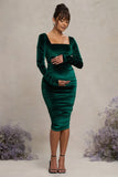 New Life Bottle Green Velvet Maternity Square Neck Ruched Midi Dress