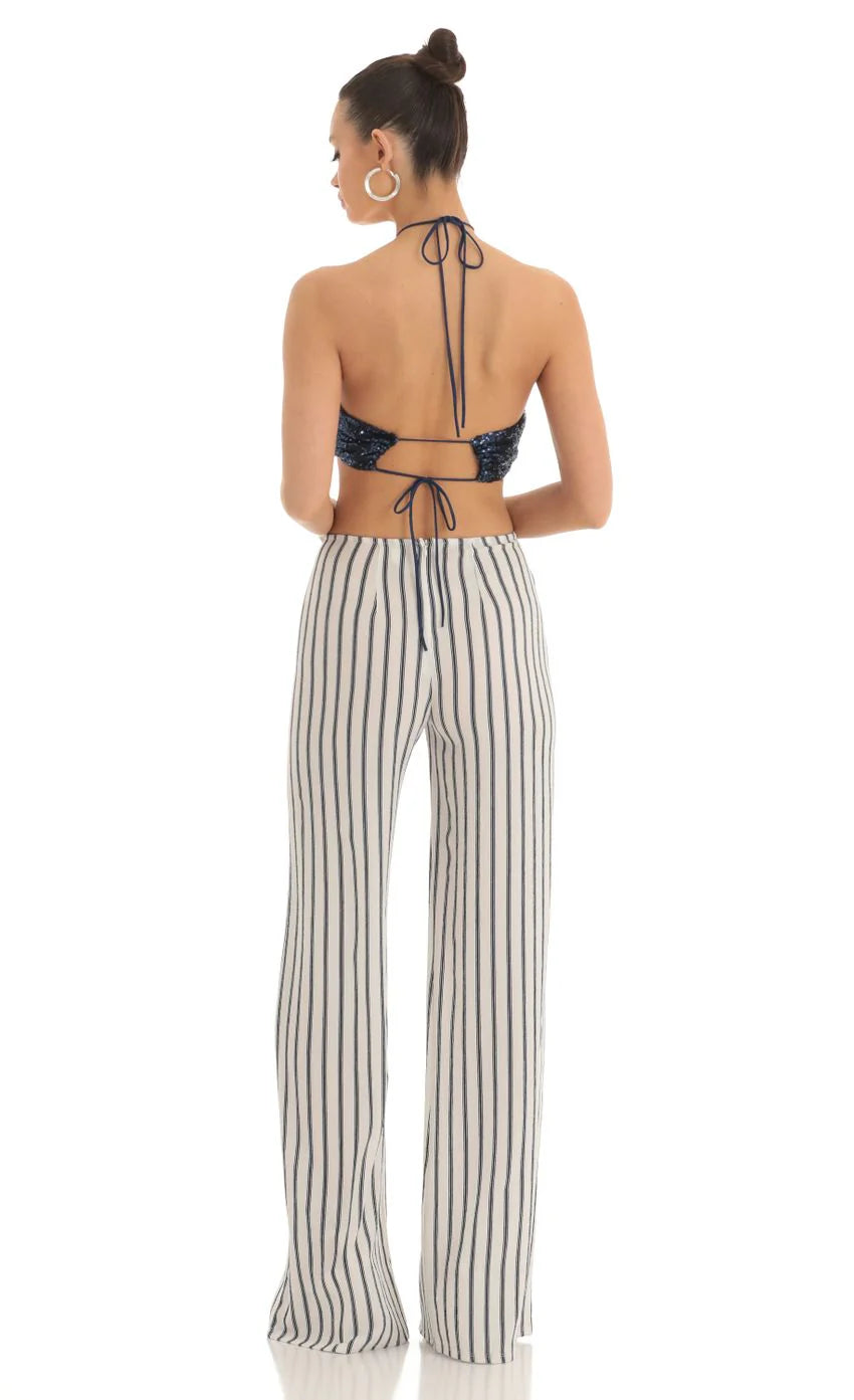 Sequin Halter Striped Jumpsuit in White and Navy