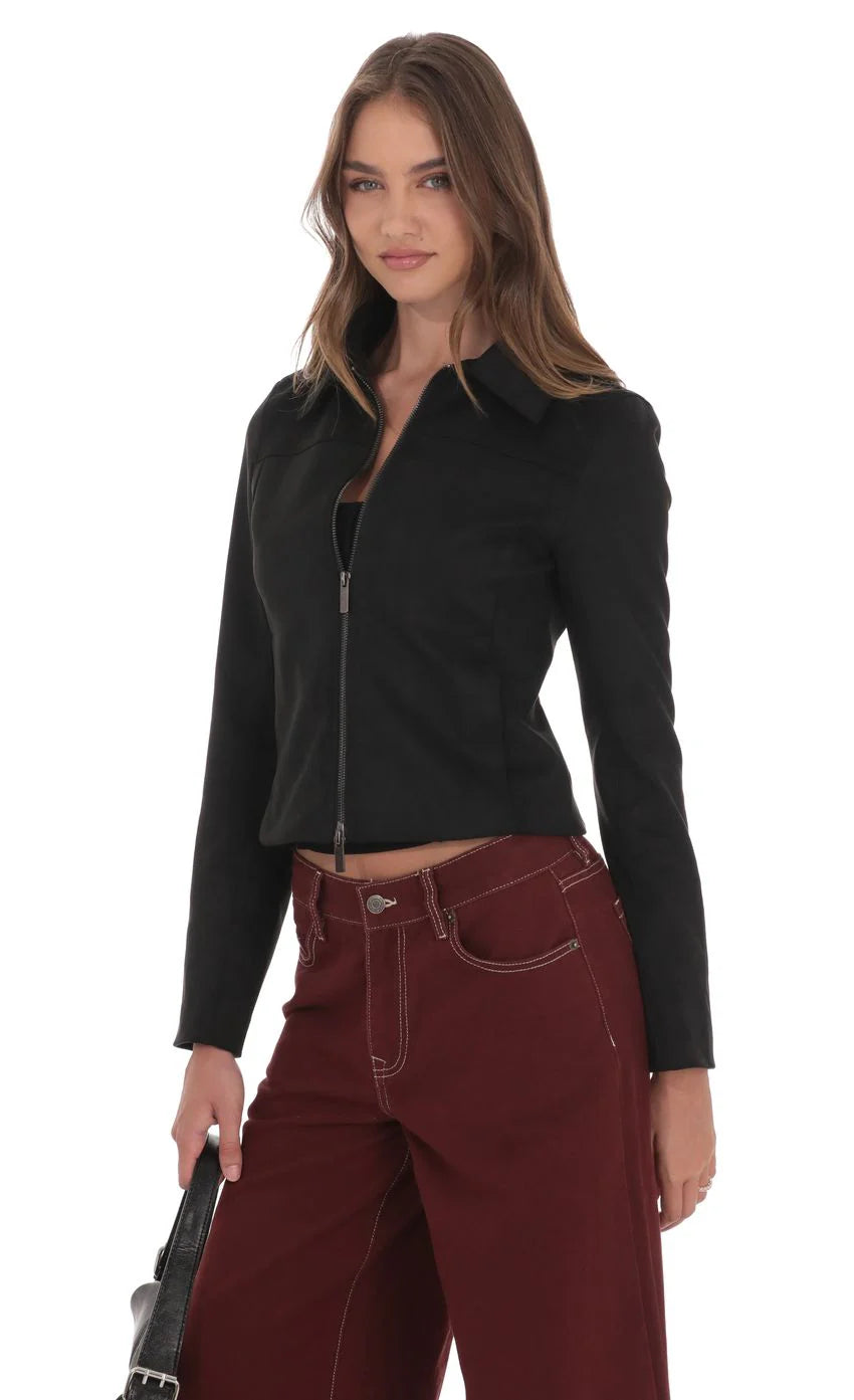 Suede Zip Up Jacket in Black