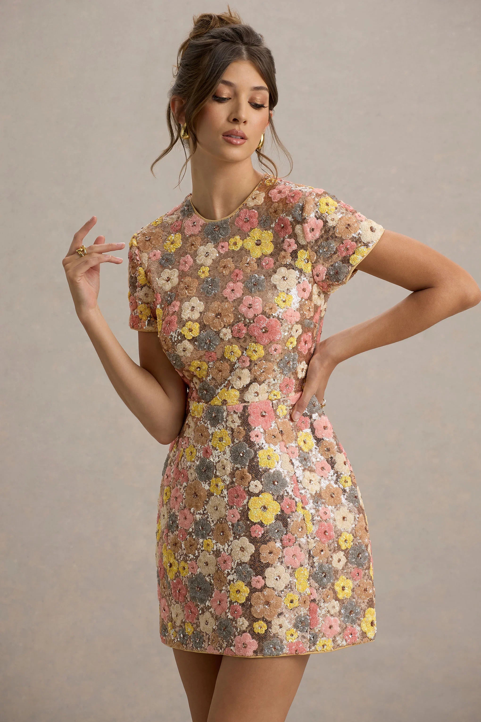 Eira Pastel Floral Print Embellished Mini Dress