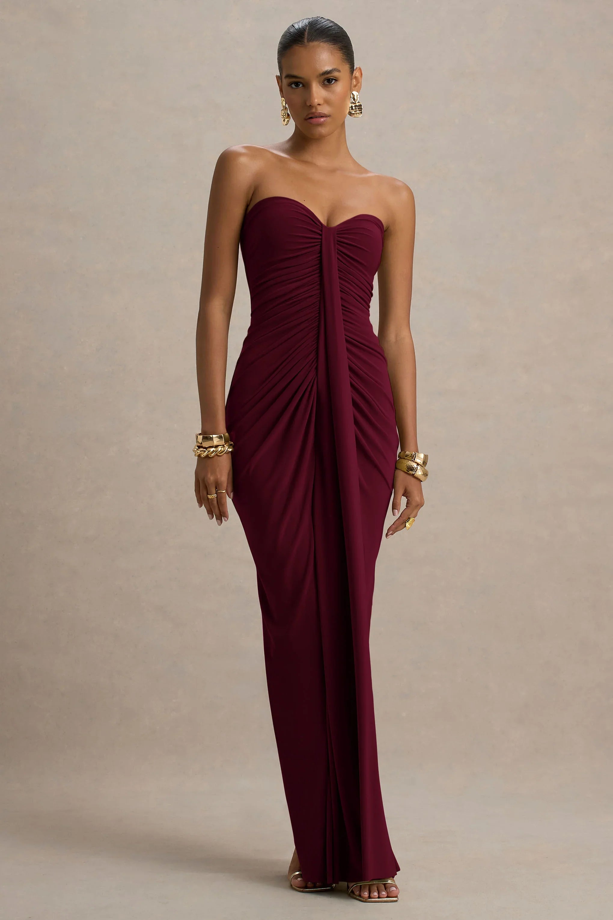 Ali Burgundy Sweetheart Ruched Wrap Maxi Dress