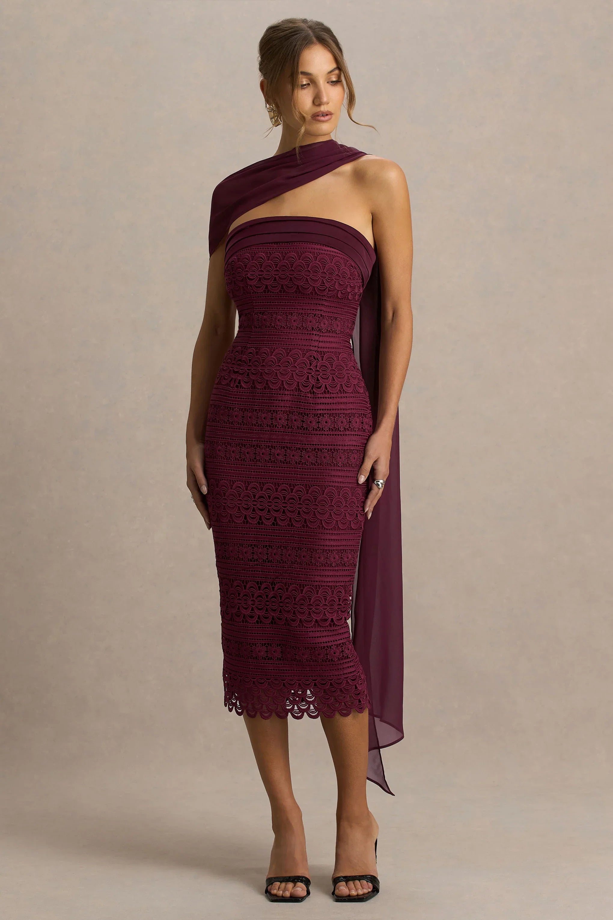 Secret Burgundy Bandeau Lace Midi Dress With Scarf Detail