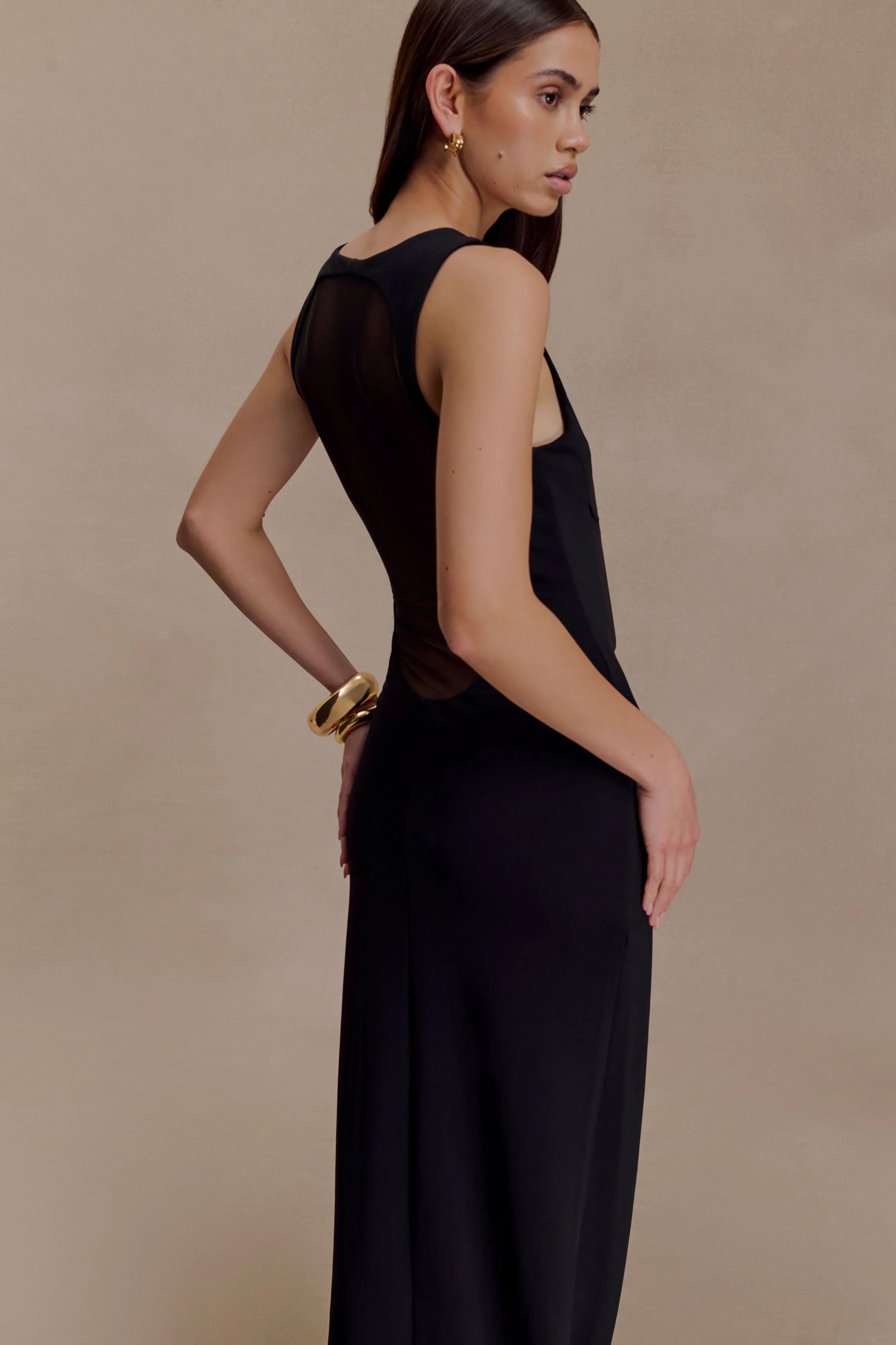 Marlon Crepe And Mesh Maxi Dress Black