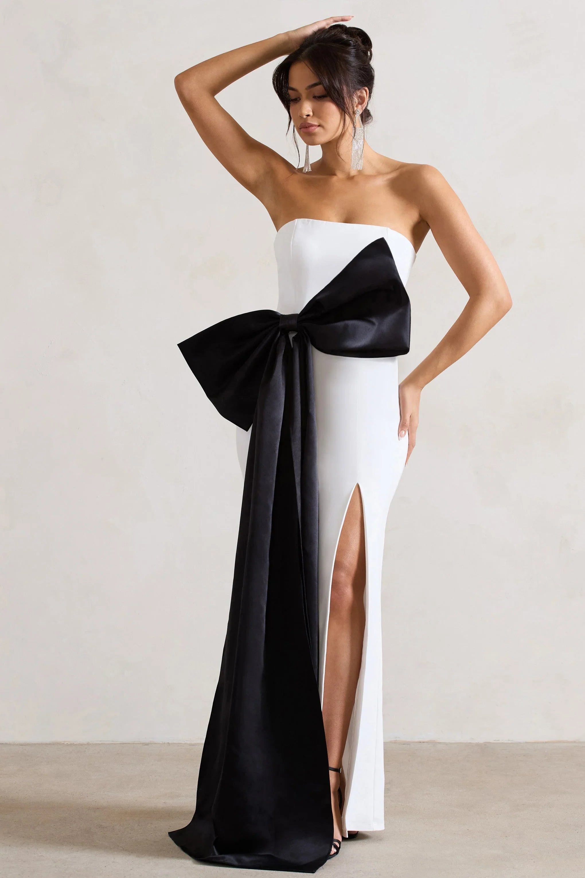 Sincerely White Bandeau Split Maxi Dress With Oversized Black Bow