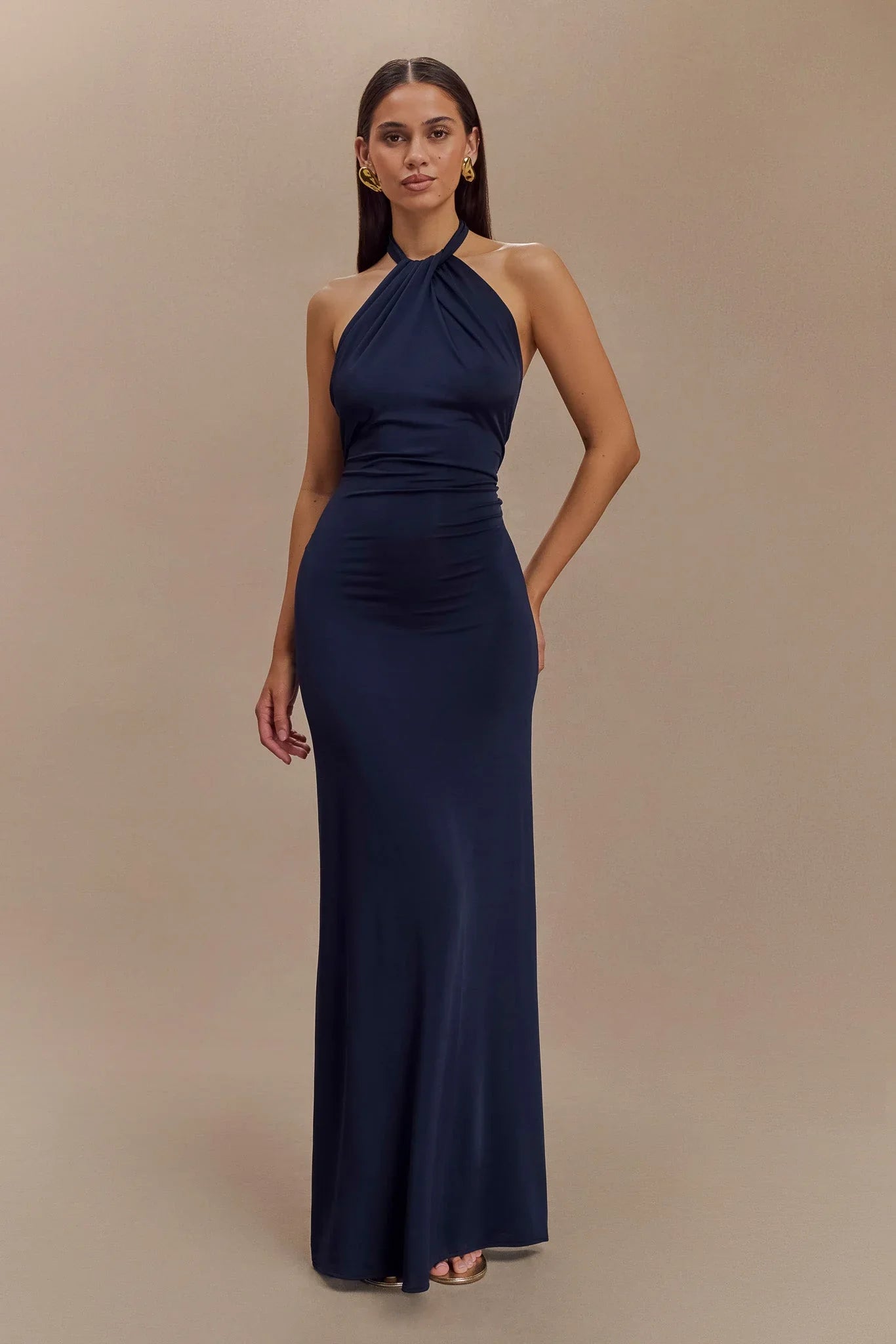 Elyna Slinky Halter Maxi Dress Navy