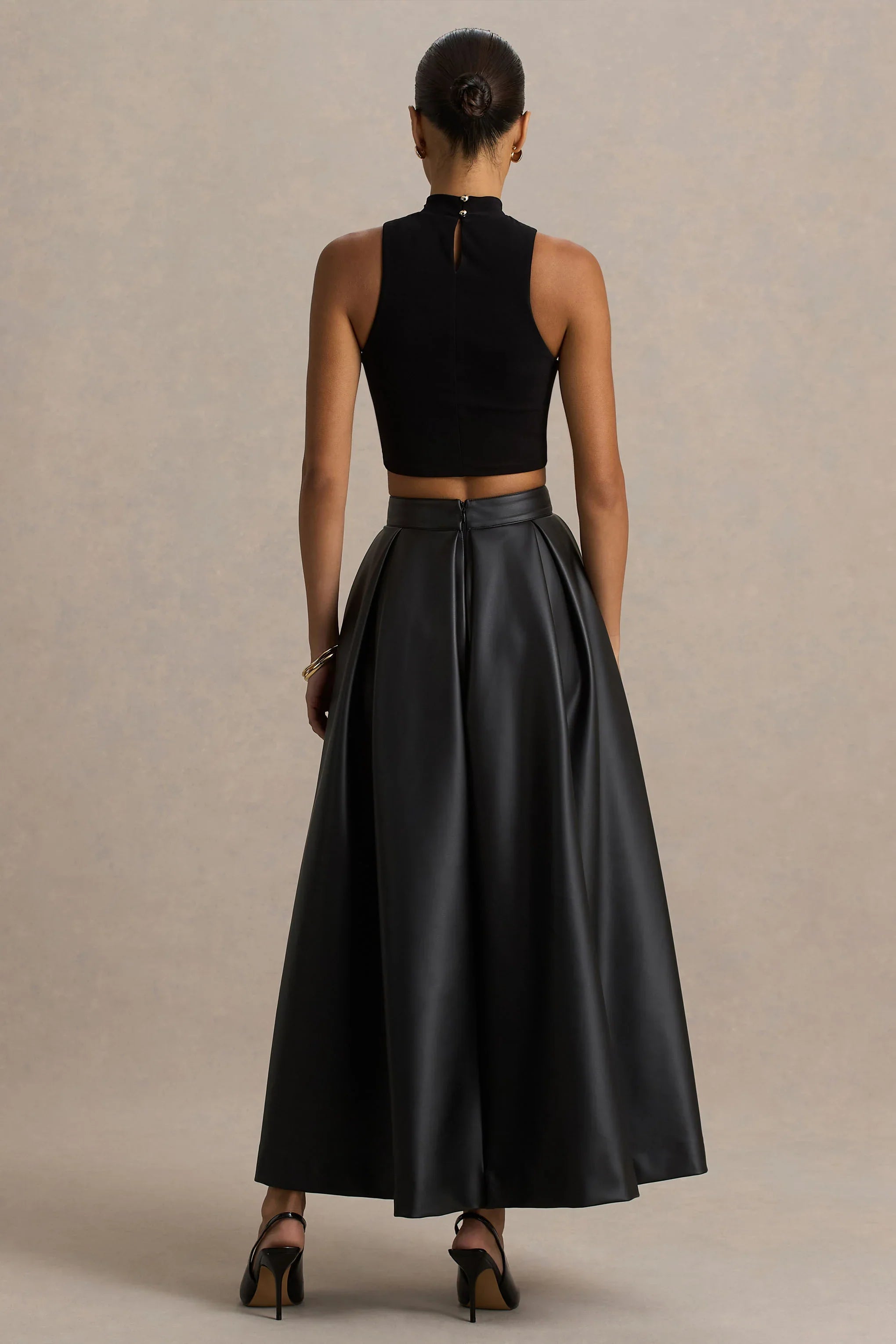 Noa Black Faux Leather A Line Midi Skirt