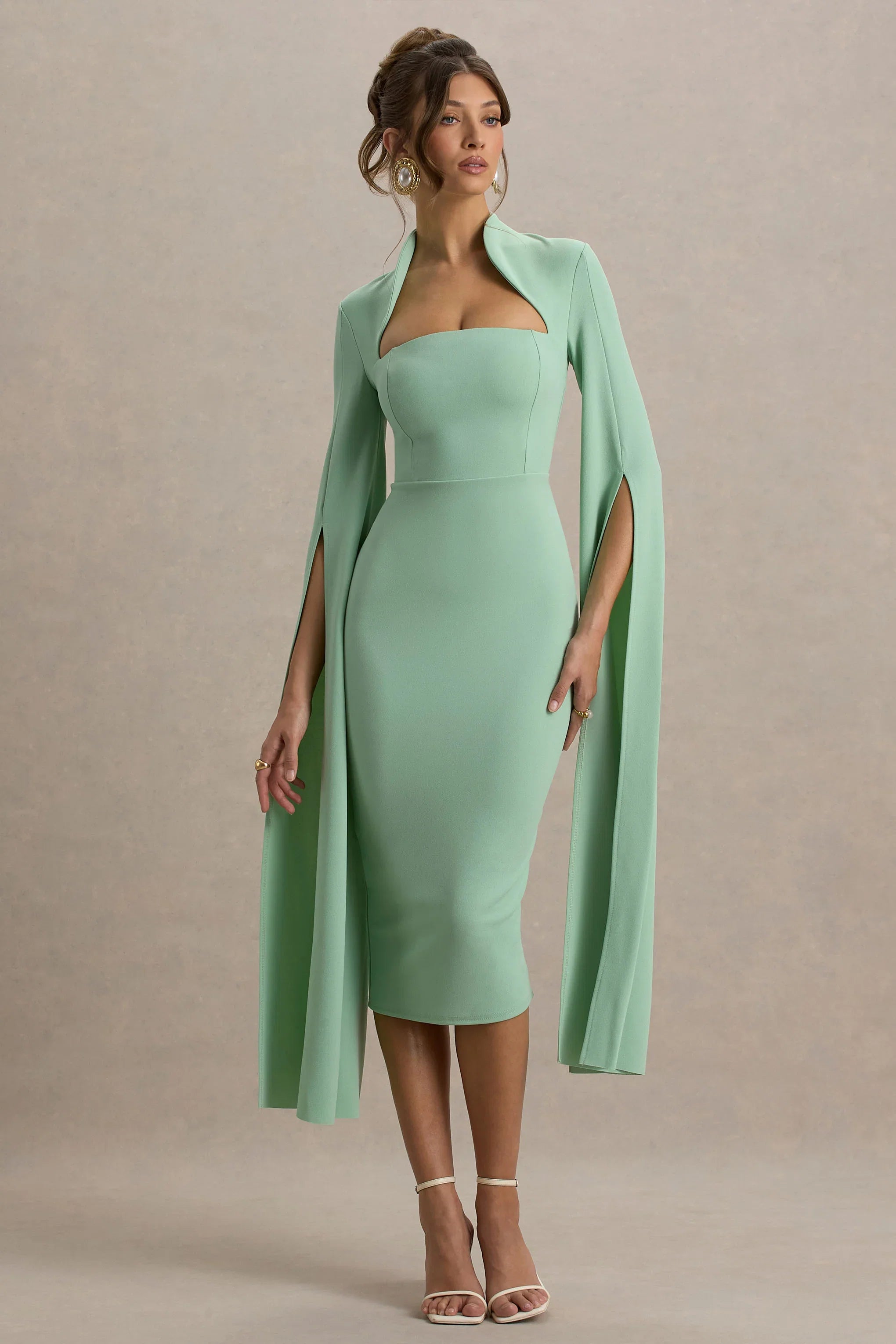 Linden Light Green Bodycon Cape Sleeve Midi Dress