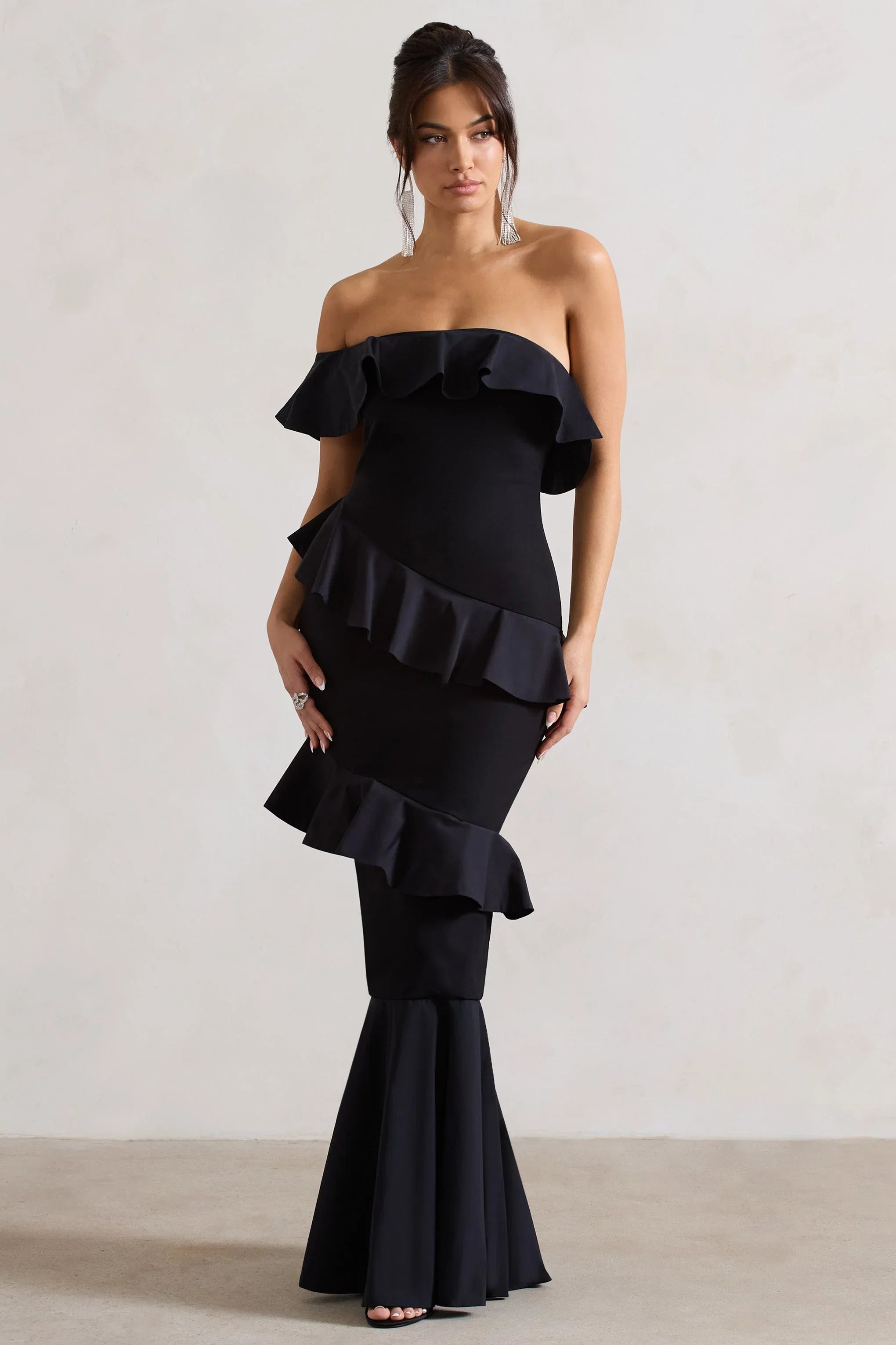 Cinematic Black Bardot Ruffled Fishtail Maxi Dress