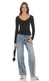 Lace Trim Long Sleeve Top in Black