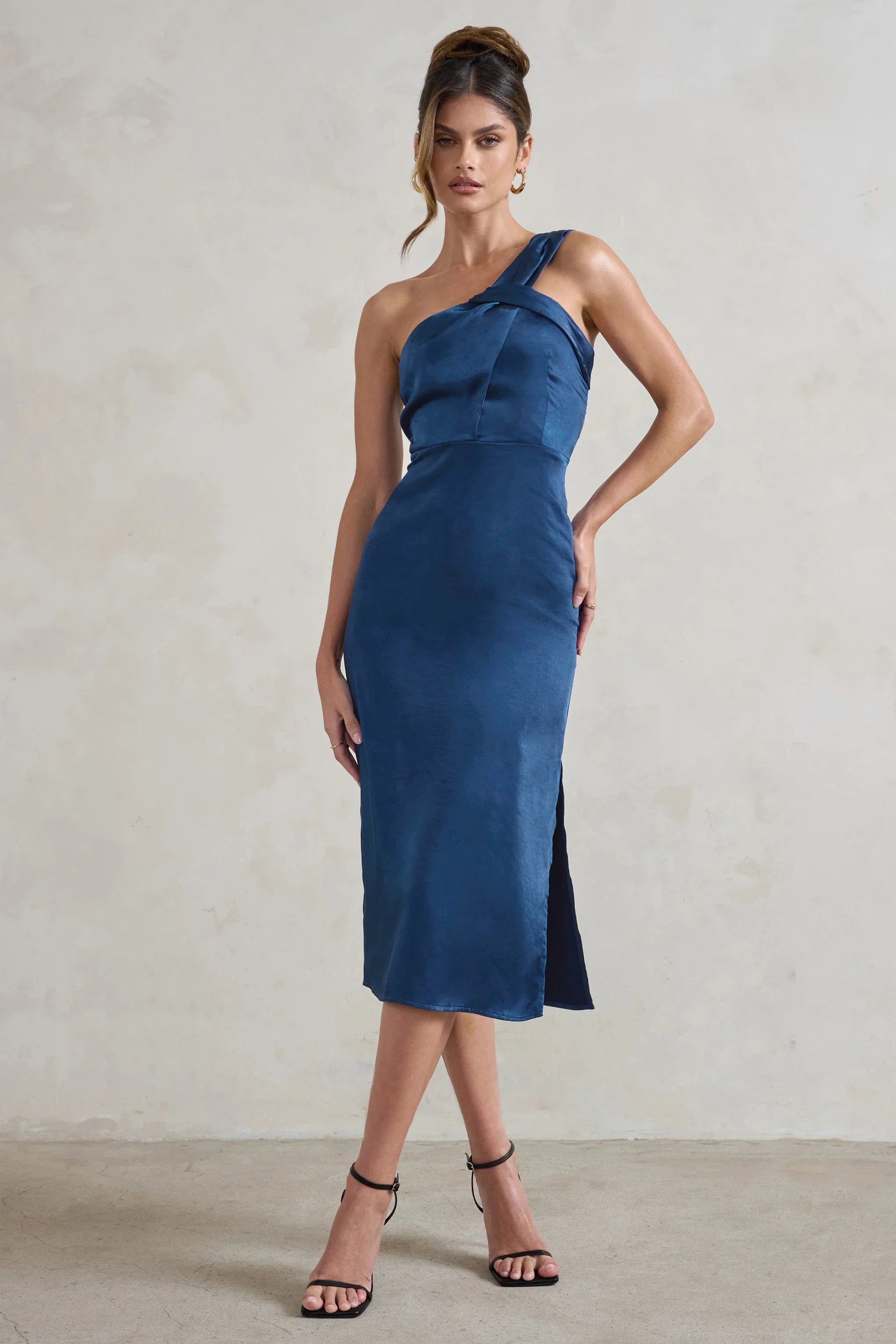 Steffie Navy Asymmetric Satin Midi Dress