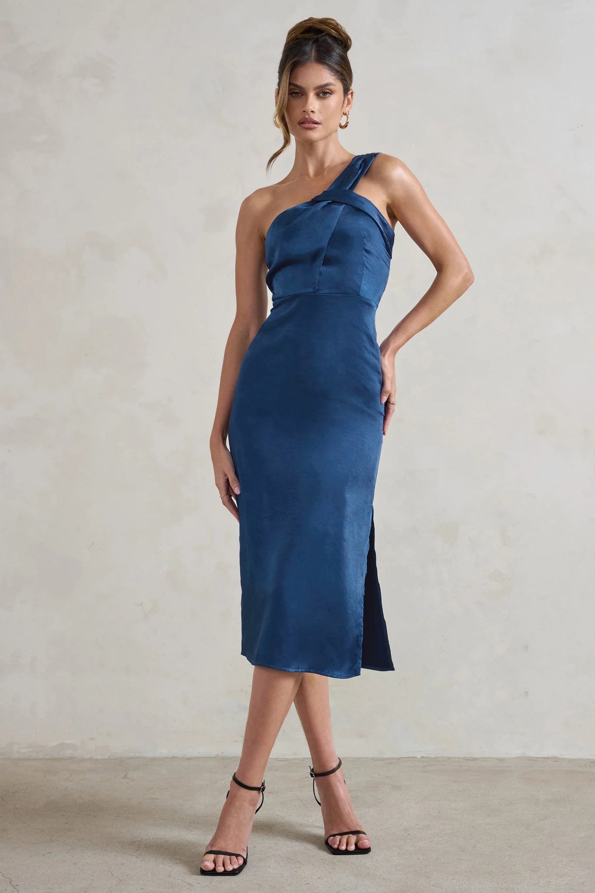 Steffie Navy Asymmetric Satin Midi Dress