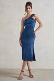 Steffie Navy Asymmetric Satin Midi Dress