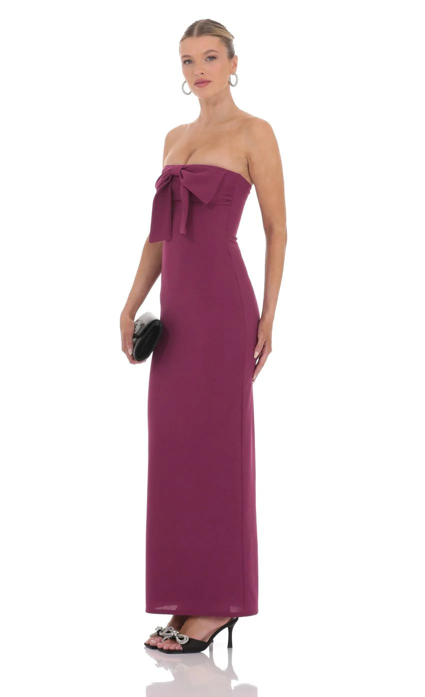 Bow Strapless Maxi Dress in Plum
