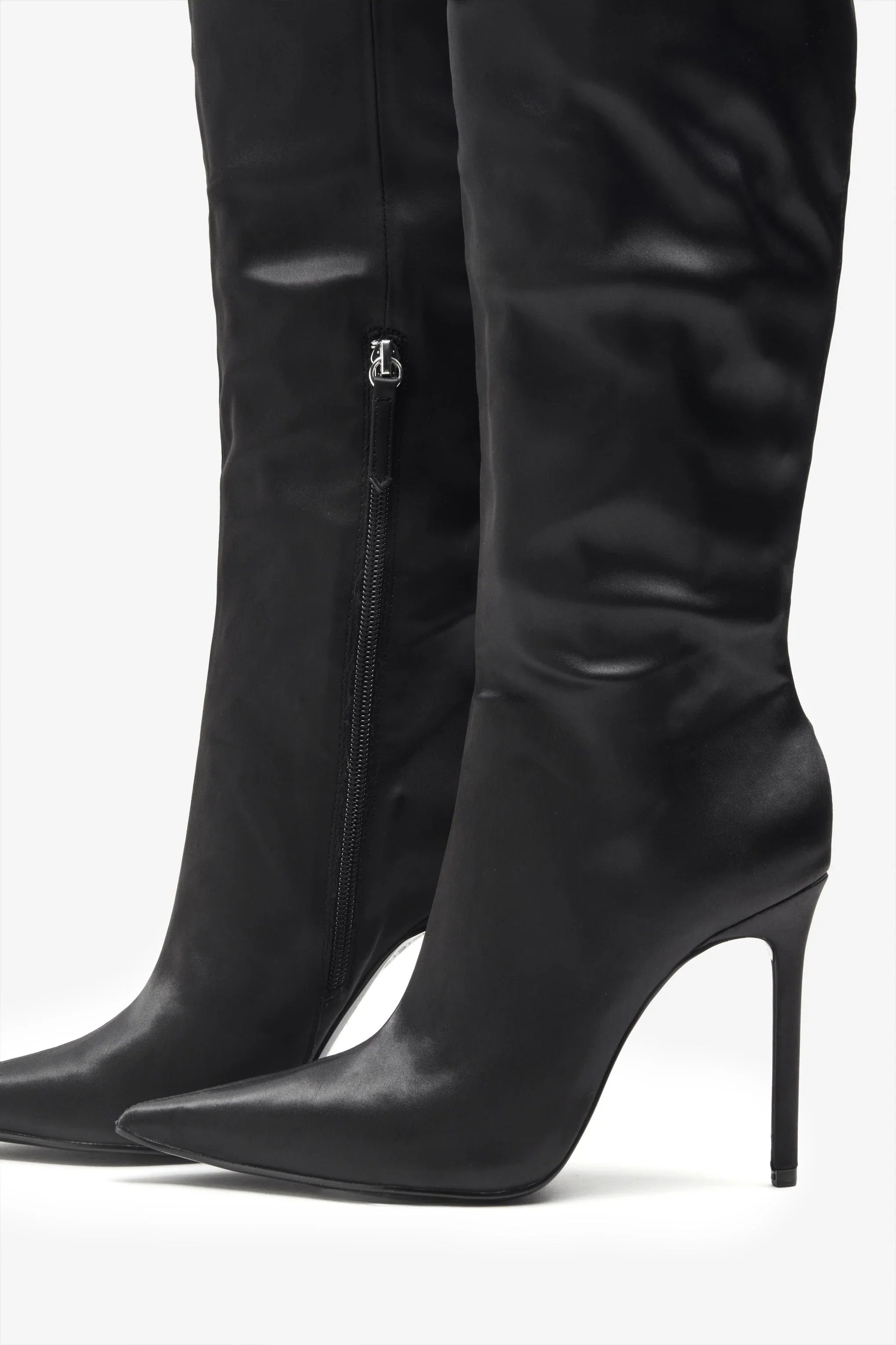 Soho Black Satin Pointed Heeled Boots With Feather Trims