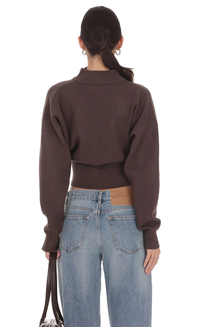 Knit Mock Neck Zip Up Cardigan in Brown