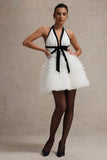 Eclair Black White Plunge Neck Mini Dress With Tulle Skirt