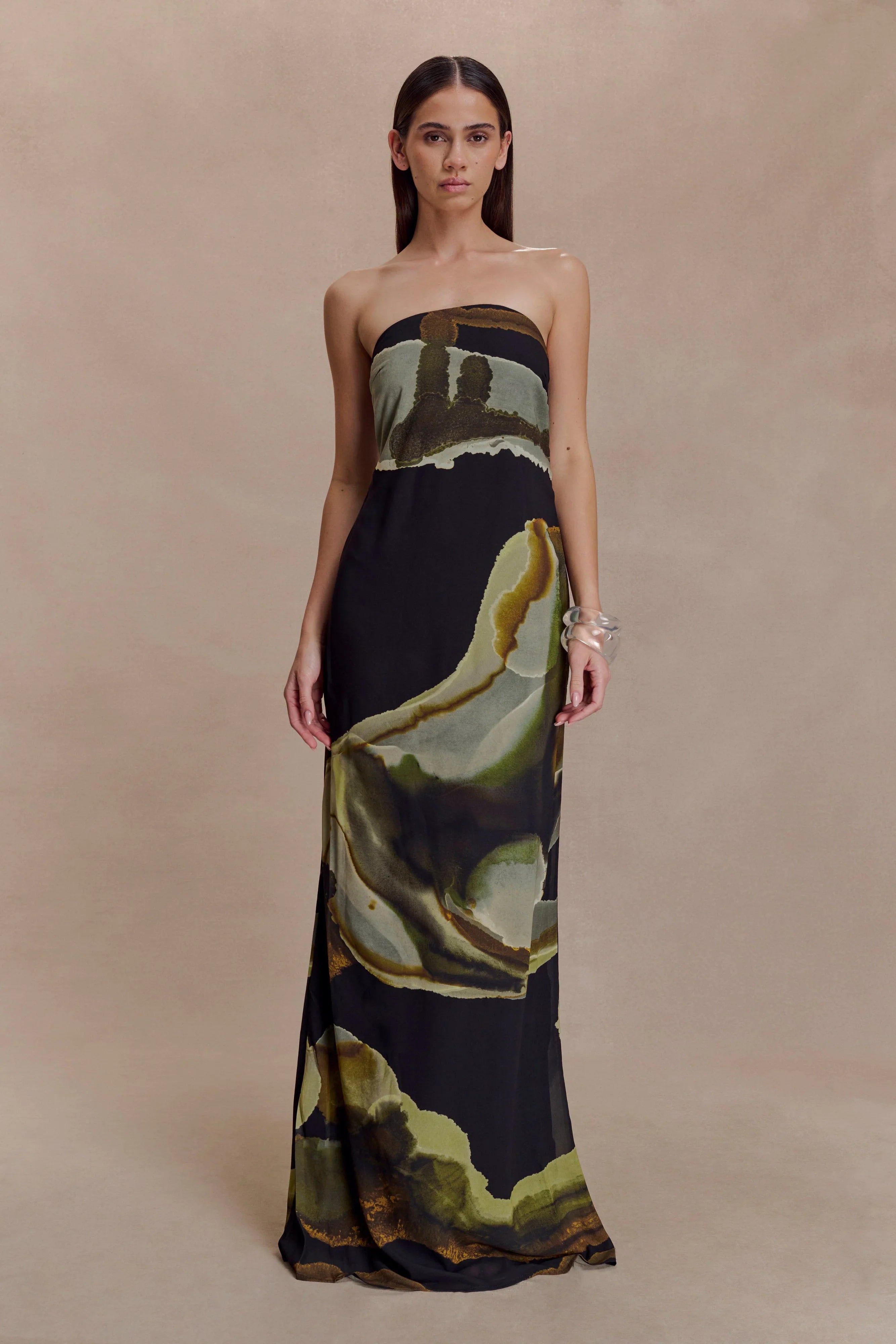 Amaya Strapless Chiffon Maxi Dress Green Fluid Reverie Print