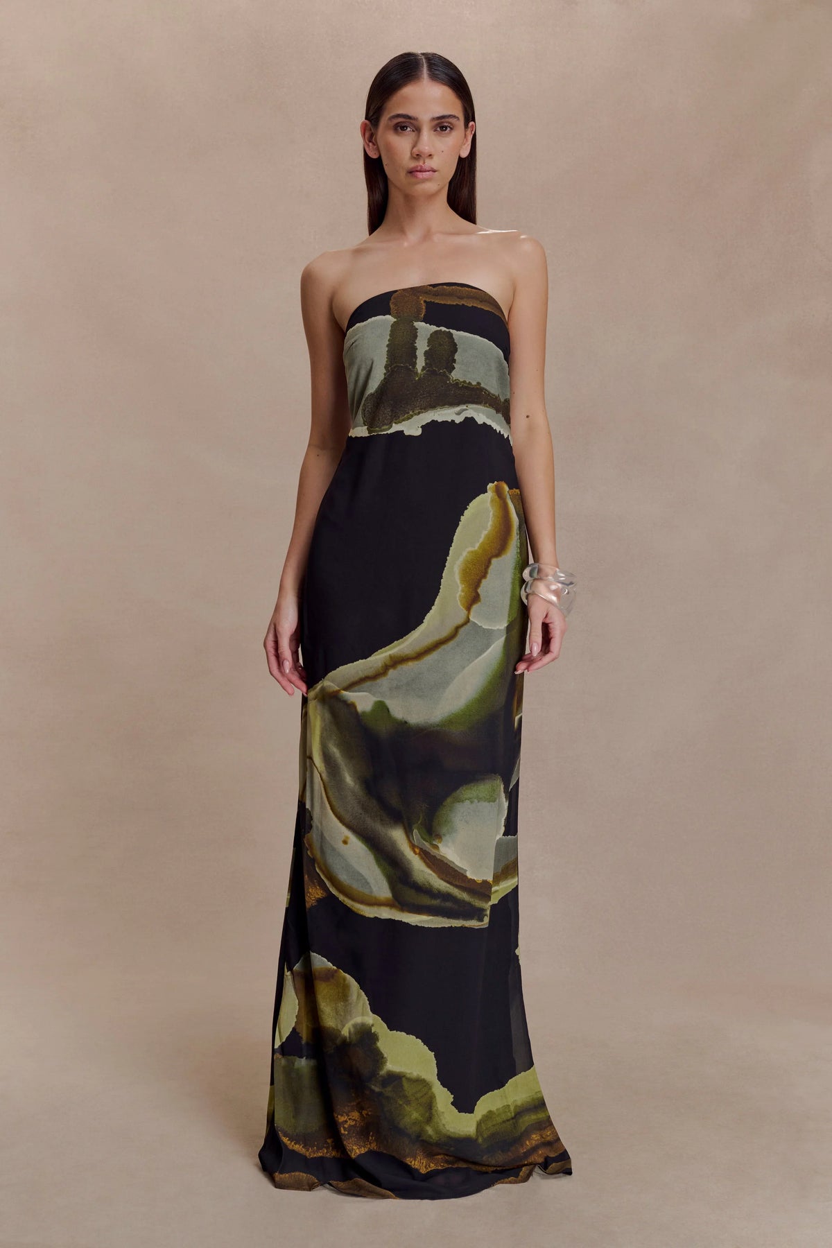 Amaya Strapless Chiffon Maxi Dress Green Fluid Reverie Print