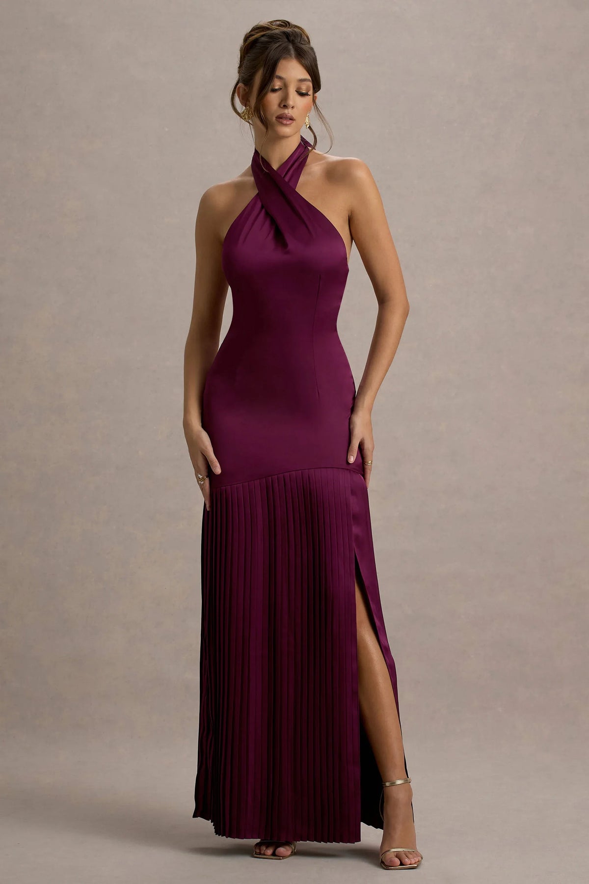 Sansa Burgundy Satin Cross Halter Neck Plisse Maxi Dress