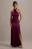 Sansa Burgundy Satin Cross Halter Neck Plisse Maxi Dress