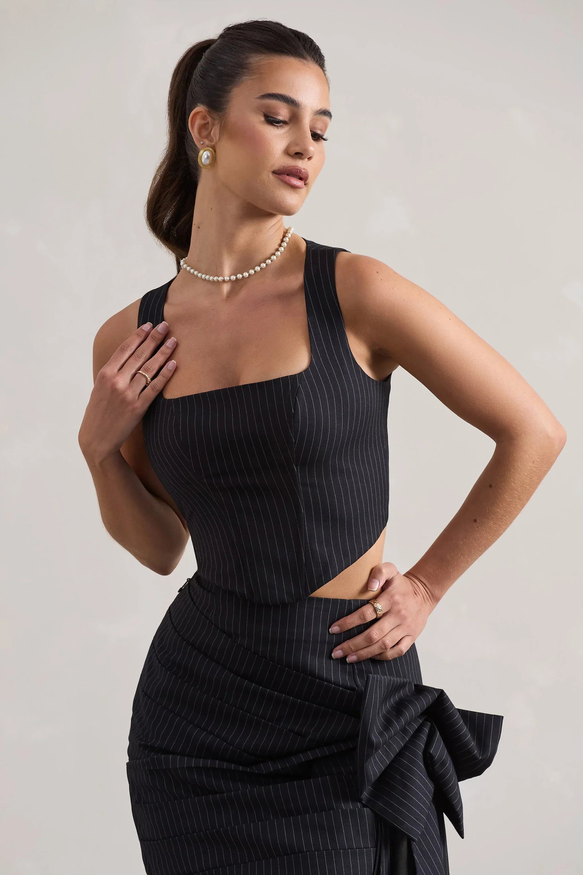 Think Again Navy Pinstripe Structured Corset Top