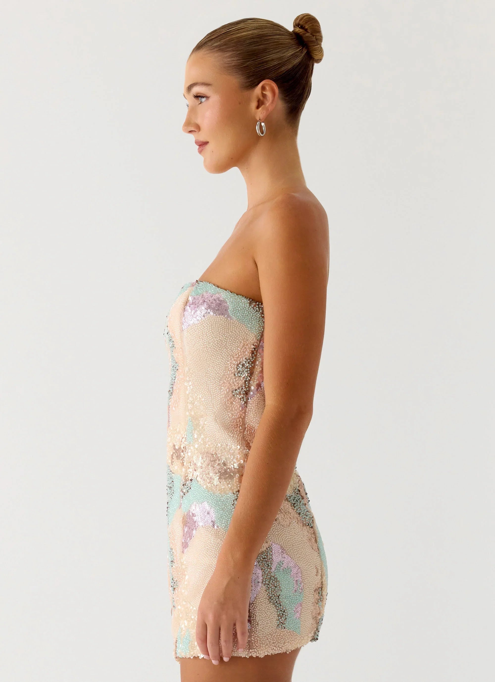 Leena Strapless Beaded Mini Dress Swirl Sequin