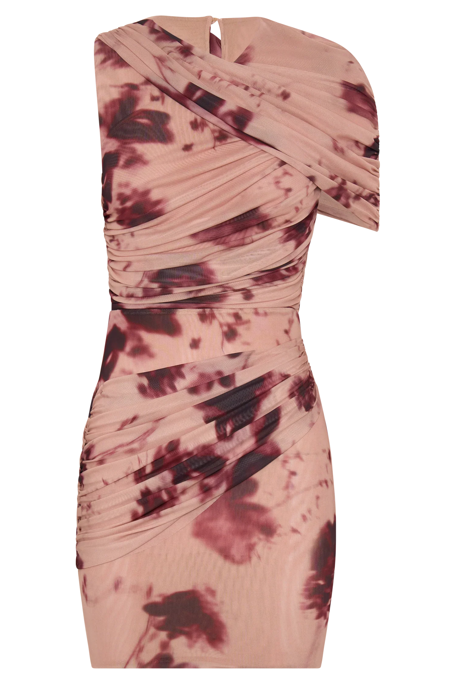 Adrienne One Shoulder Mesh Mini Dress Nude Blurred Floral Print