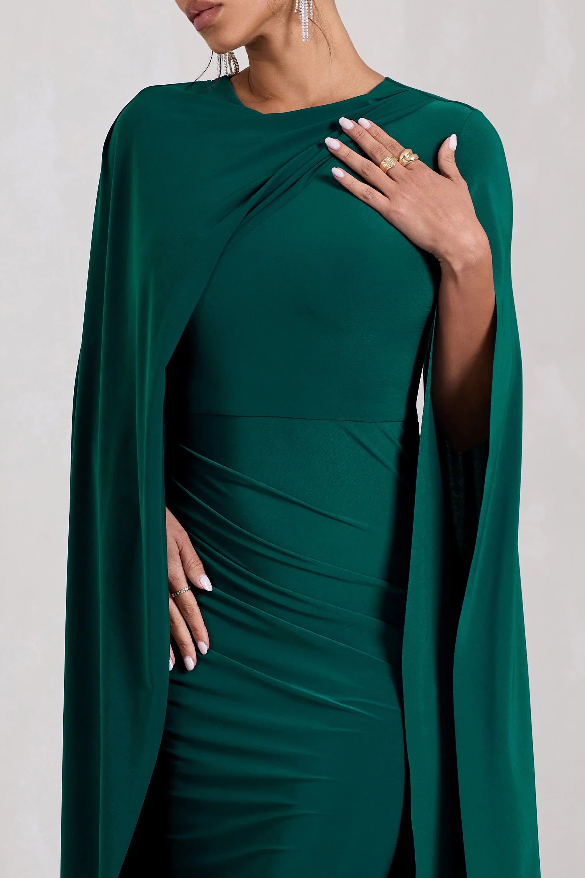 Marysol Bottle Green Asymmetric Cape Midi Dress