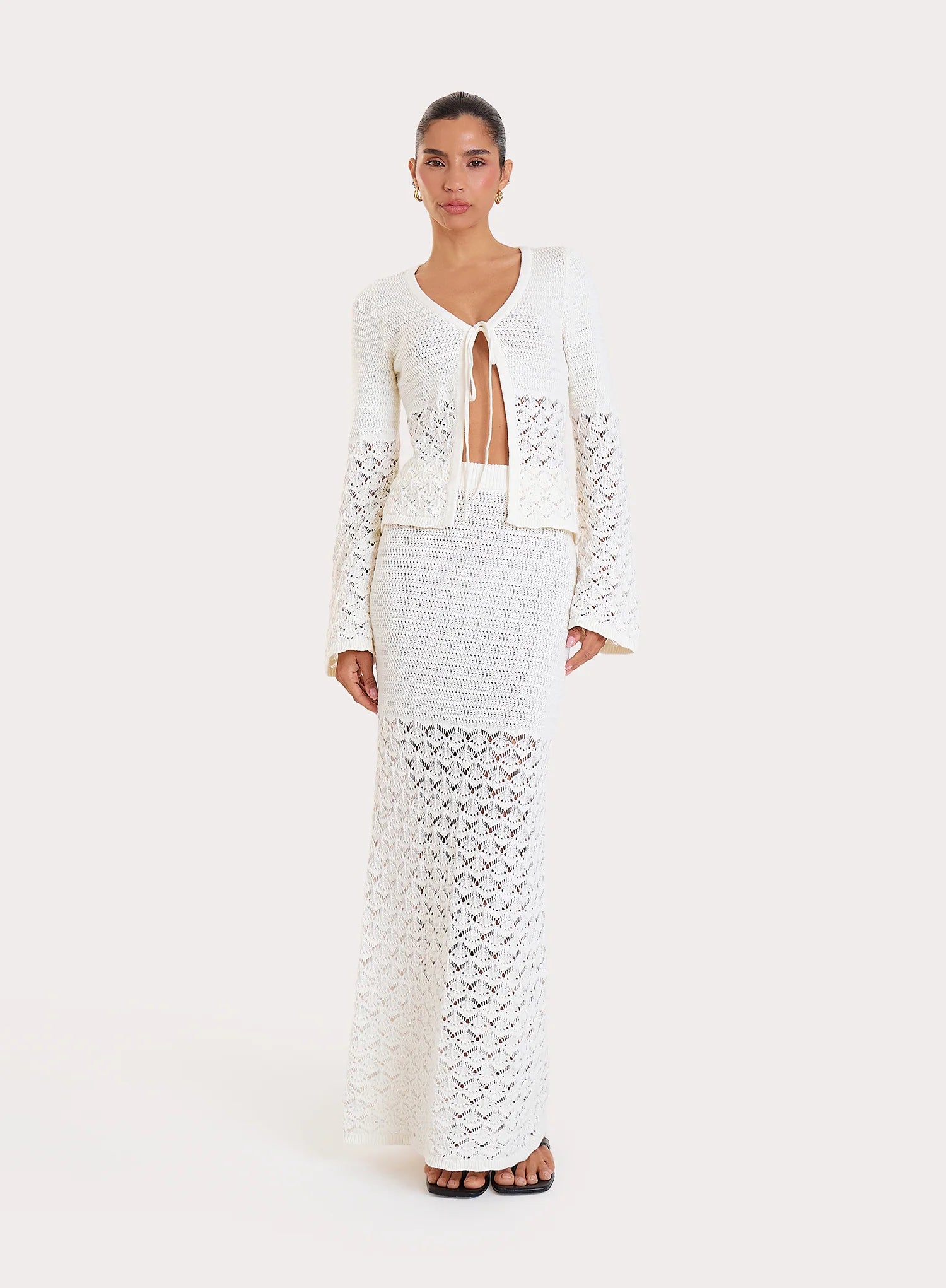 Cream Crochet Tie Front Longsleeve Top