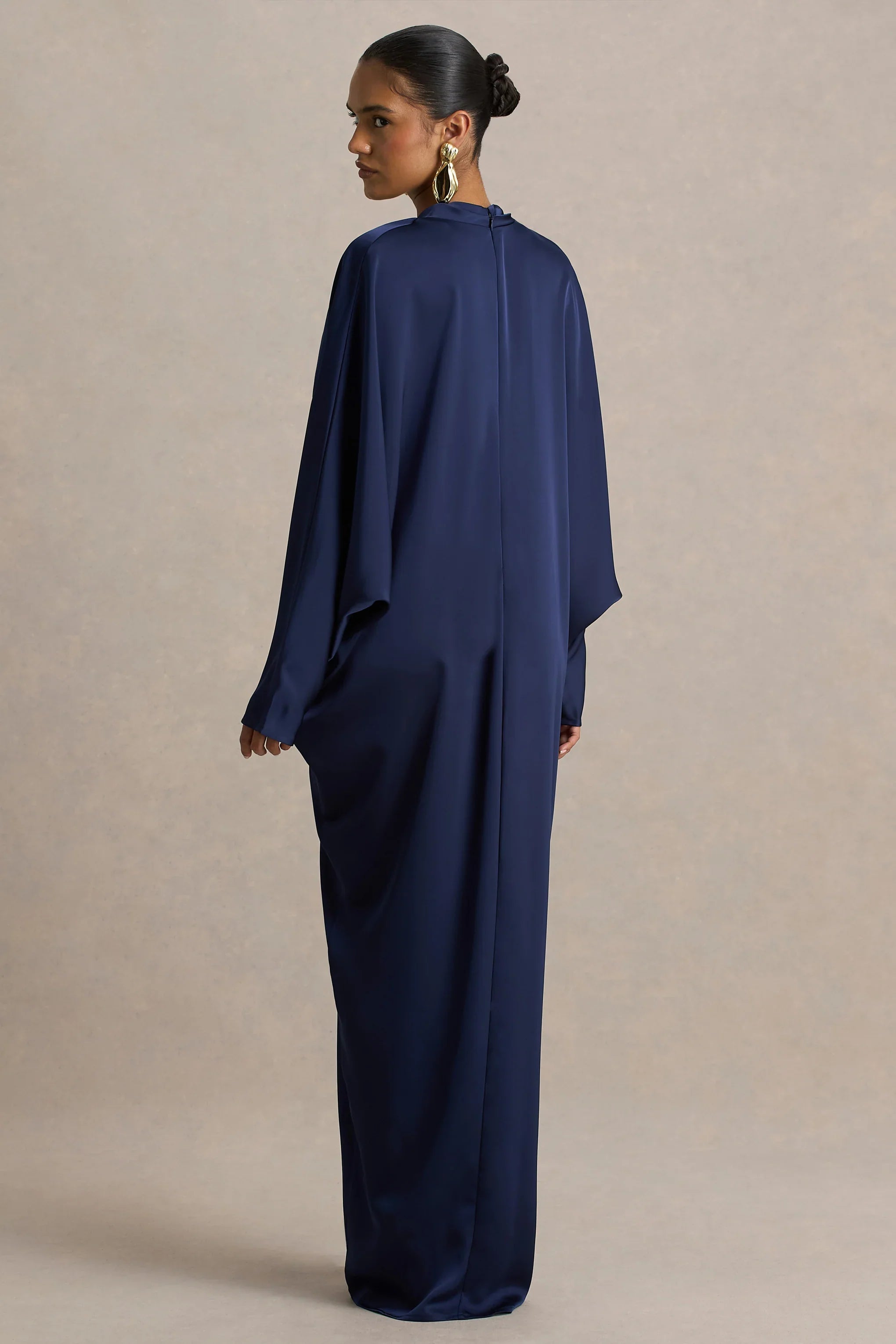 Tina Navy Satin Plunge Neck Embellished Maxi Dress