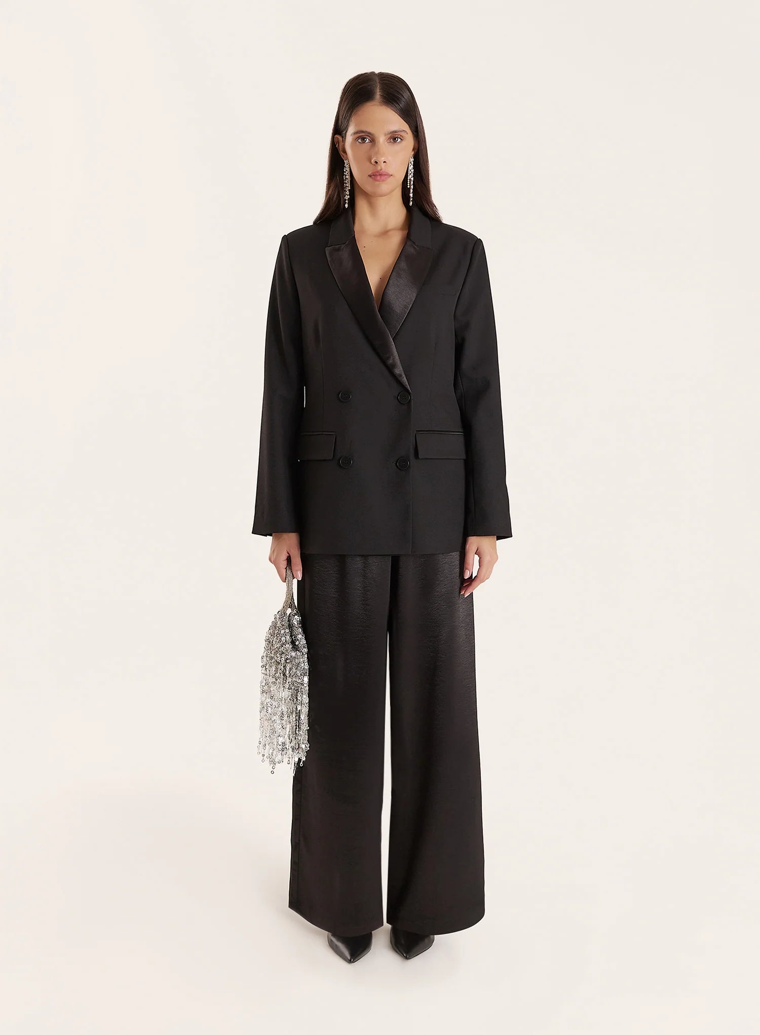 Black Pleated Waistband Wide Leg Satin Trousers