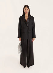 Black Pleated Waistband Wide Leg Satin Trousers