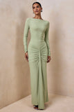 Matilda Light Green Boat Neck Maxi Dress With Ruched Detailing