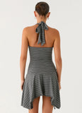 Bad Alive Halter Hanky Mini Dress Grey Marle Stripe