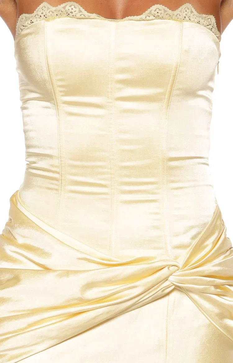 Sasha Yellow Ruched Twist Satin Maxi Dress PRE ORDER
