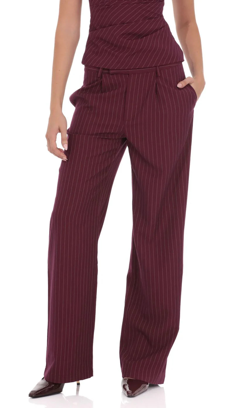 Pinstripe Wide Leg Linen Pants in Burgundy