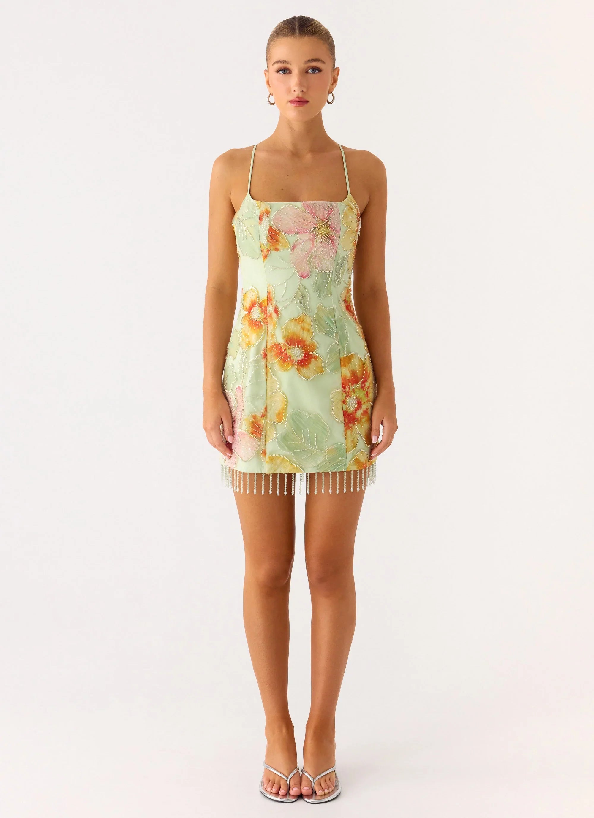 Gatiana Beaded Sequin Mini Dress Green Floral Beaded