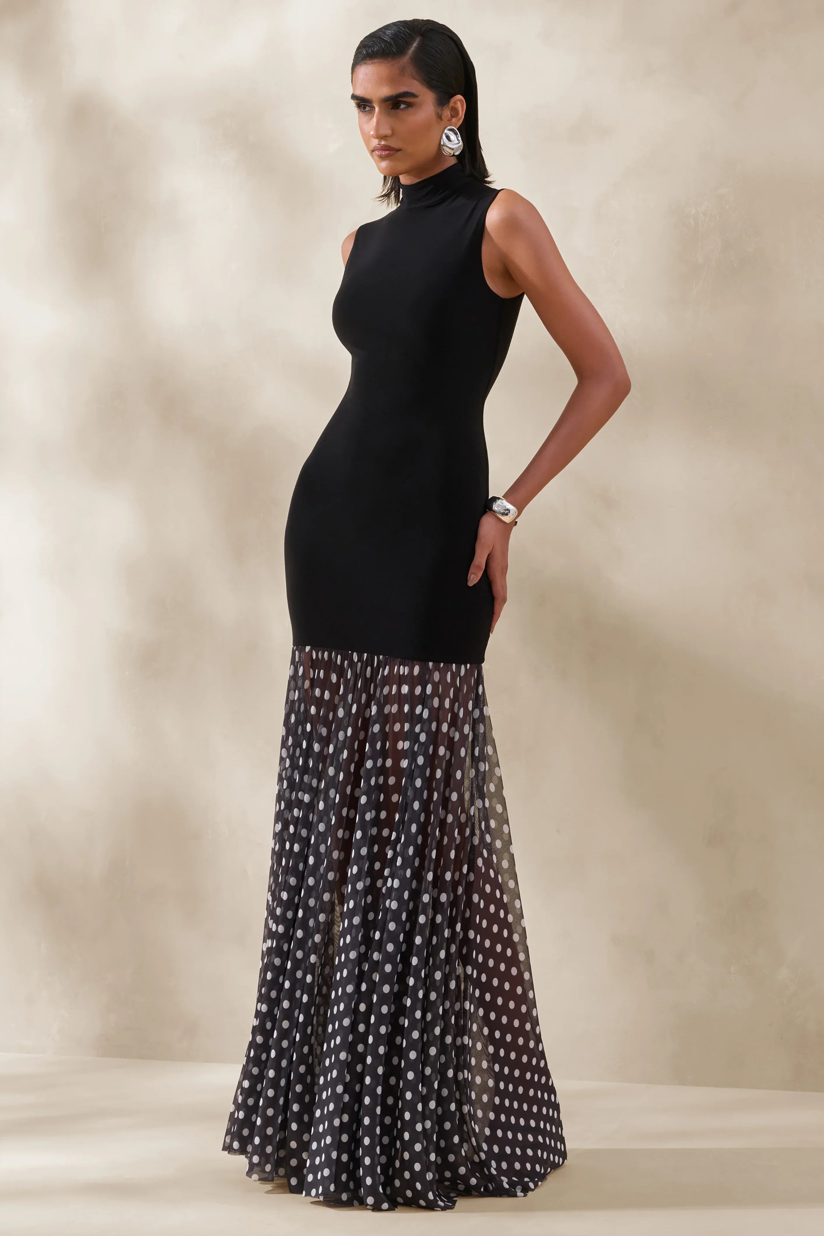 Felina Black High Neck Maxi Dress With Sheer Skirt